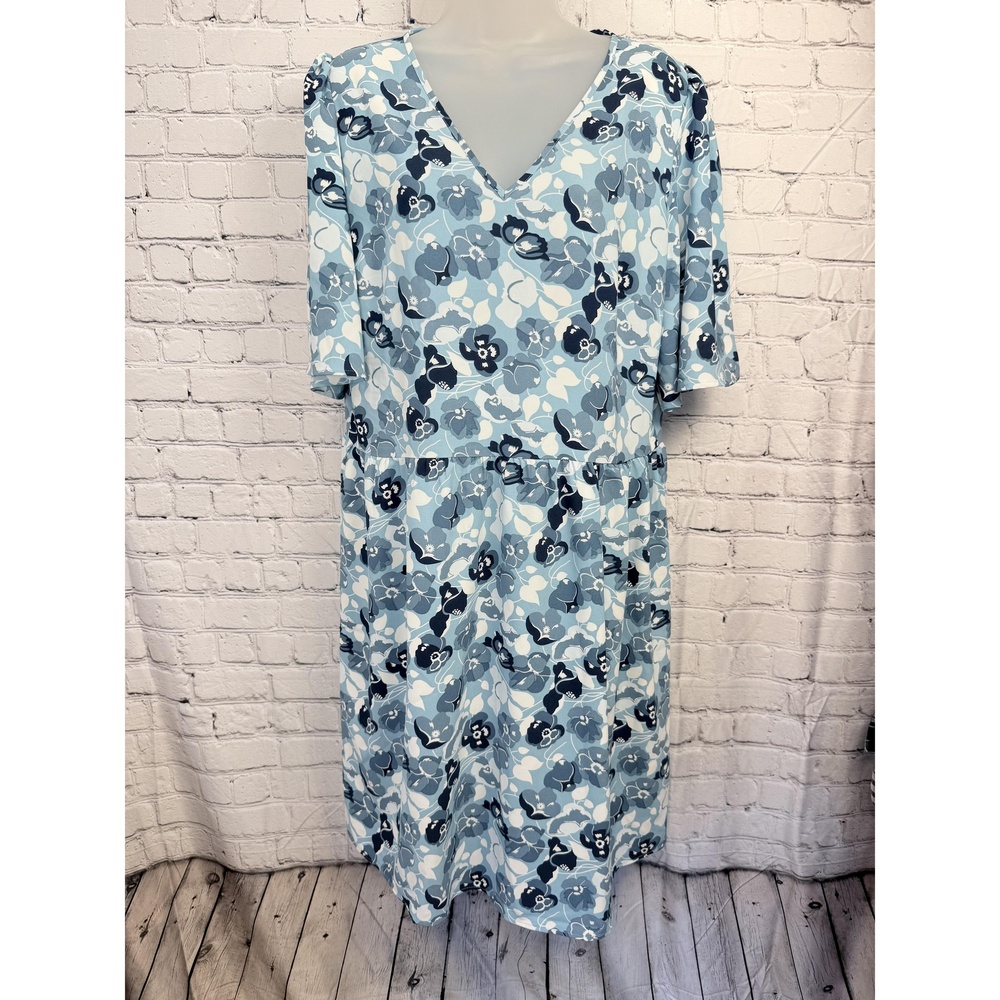 Ann Taylor Factory Womens Blue Floral V-Neck Short Sleeve Midi Dress 14